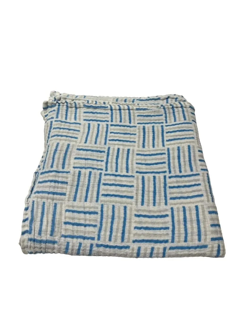 Aden & Anais Muslin Swaddle Baby Blanket Gray Blue Square Stripe Basket Weave